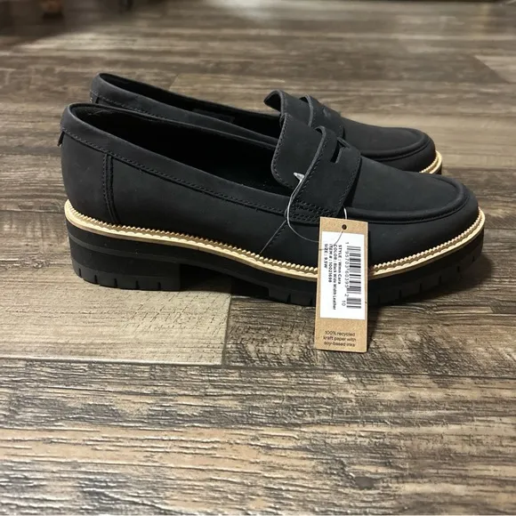 Toms Cara Black Leather Women's Lug Penny Loafers 10021698 9.5W Wide Platform