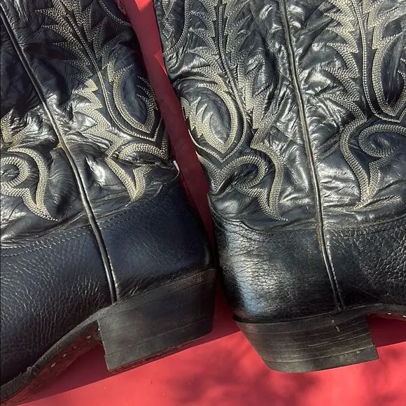 Tony Lama Black Leather Cowboy Boots with Embroidered Design Style 6904 Size 9 D