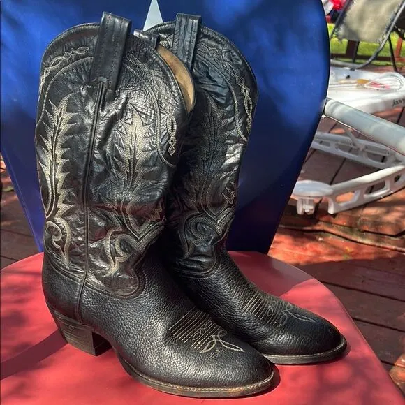 Tony Lama Black Leather Cowboy Boots with Embroidered Design Style 6904 Size 9 D