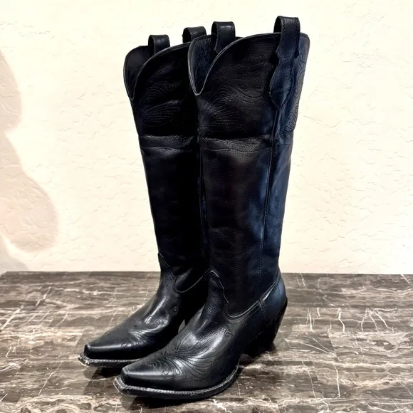 Tony Lama Veil Black Leather Fold Over Cowboy Boots