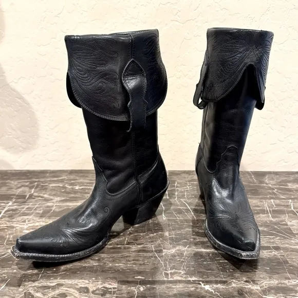 Tony Lama Veil Black Leather Fold Over Cowboy Boots