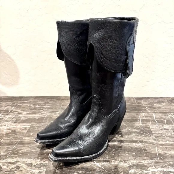 Tony Lama Veil Black Leather Fold Over Cowboy Boots
