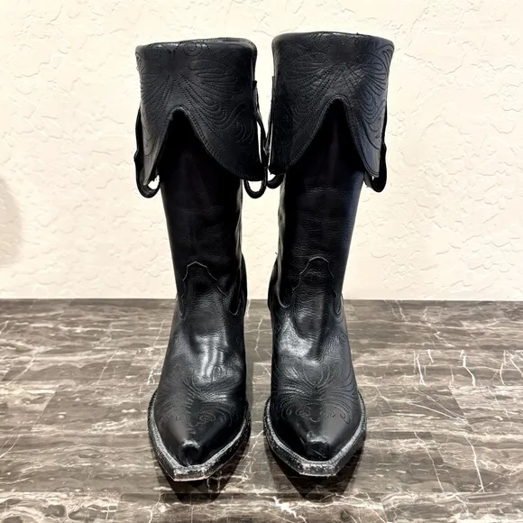 Tony Lama Veil Black Leather Fold Over Cowboy Boots