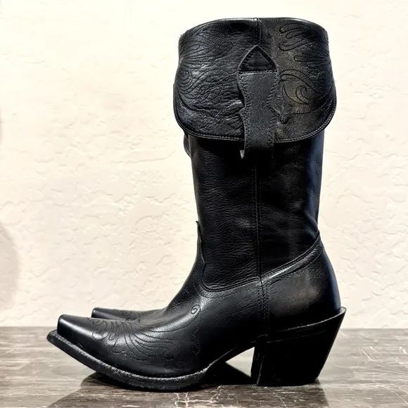 Tony Lama Veil Black Leather Fold Over Cowboy Boots
