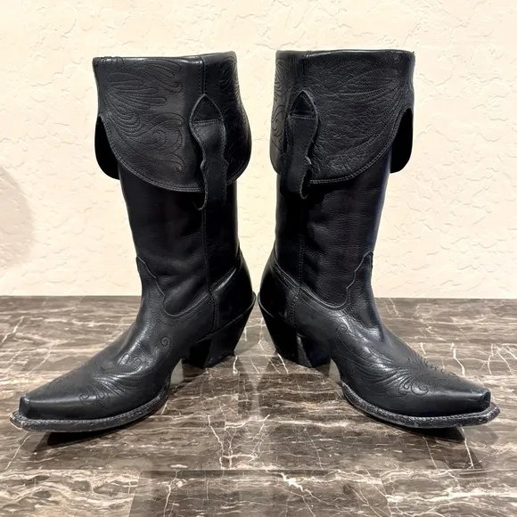 Tony Lama Veil Black Leather Fold Over Cowboy Boots