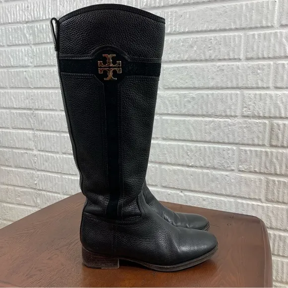 Tory Burch Alaina Leather Riding Boot Suede Trim 8.5