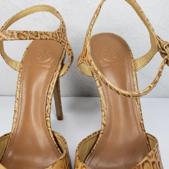 Tory Burch Anise Tan Leather Croc Print Sandals Ankle Strap High Heels Size 8 M