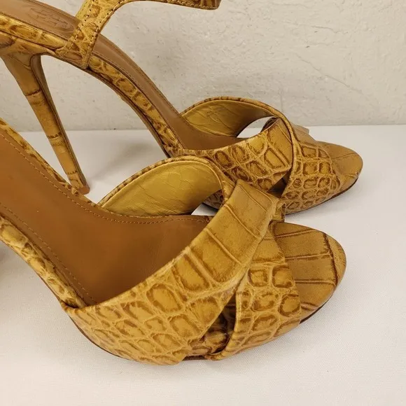 Tory Burch Anise Tan Leather Croc Print Sandals Ankle Strap High Heels Size 8 M