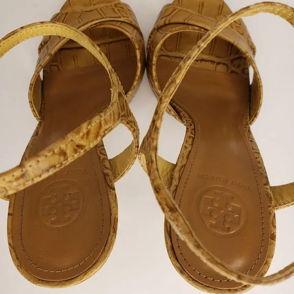Tory Burch Anise Tan Leather Croc Print Sandals Ankle Strap High Heels Size 8 M