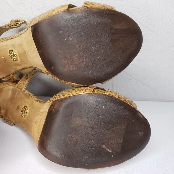 Tory Burch Anise Tan Leather Croc Print Sandals Ankle Strap High Heels Size 8 M