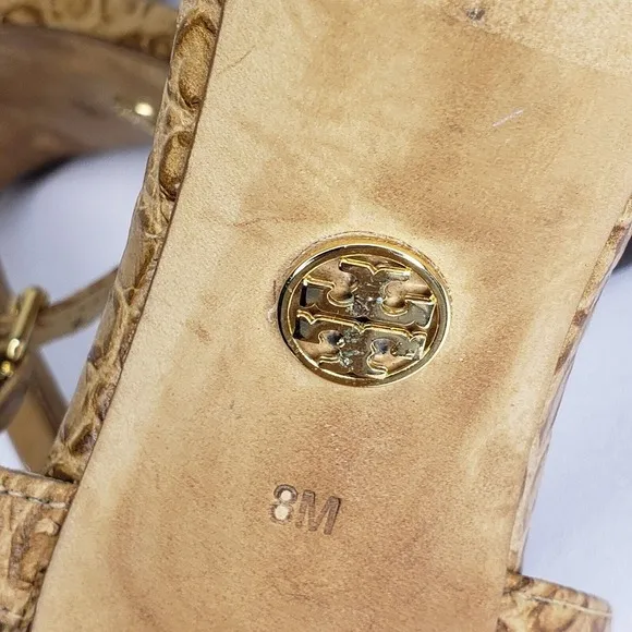 Tory Burch Anise Tan Leather Croc Print Sandals Ankle Strap High Heels Size 8 M