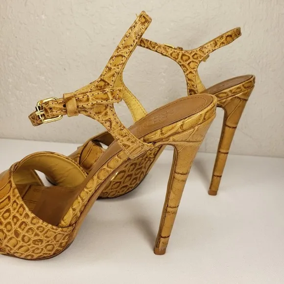 Tory Burch Anise Tan Leather Croc Print Sandals Ankle Strap High Heels Size 8 M