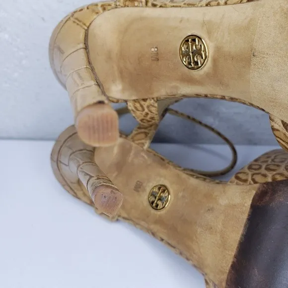 Tory Burch Anise Tan Leather Croc Print Sandals Ankle Strap High Heels Size 8 M