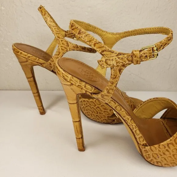 Tory Burch Anise Tan Leather Croc Print Sandals Ankle Strap High Heels Size 8 M
