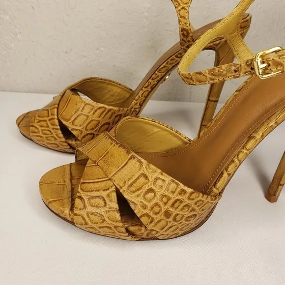 Tory Burch Anise Tan Leather Croc Print Sandals Ankle Strap High Heels Size 8 M