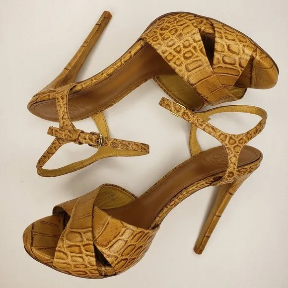 Tory Burch Anise Tan Leather Croc Print Sandals Ankle Strap High Heels Size 8 M