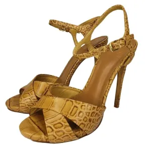 Tory Burch Anise Tan Leather Croc Print Sandals Ankle Strap High Heels Size 8 M