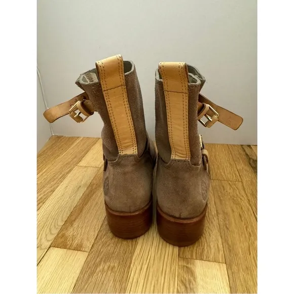 Tory Burch Bennie Taupe Suede Leather Buckle Boots