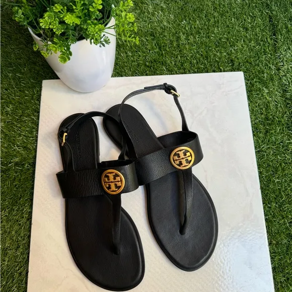 TORY BURCH BENTON 2 FLAT THONGSANDAL black Calf Leather Sz 9.5 women Gold Logo