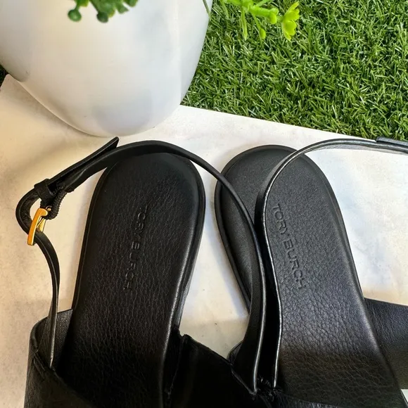 TORY BURCH BENTON 2 FLAT THONGSANDAL black Calf Leather Sz 9.5 women Gold Logo