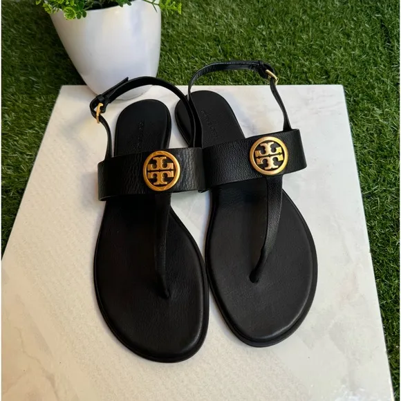 TORY BURCH BENTON 2 FLAT THONGSANDAL black Calf Leather Sz 9.5 women Gold Logo