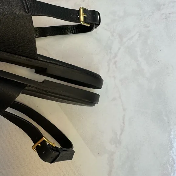 TORY BURCH BENTON 2 FLAT THONGSANDAL black Calf Leather Sz 9.5 women Gold Logo