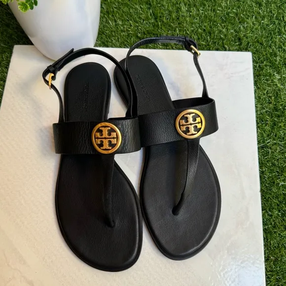 TORY BURCH BENTON 2 FLAT THONGSANDAL black Calf Leather Sz 9.5 women Gold Logo