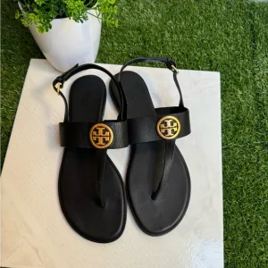 TORY BURCH BENTON 2 FLAT THONGSANDAL black Calf Leather Sz 9.5 women Gold Logo