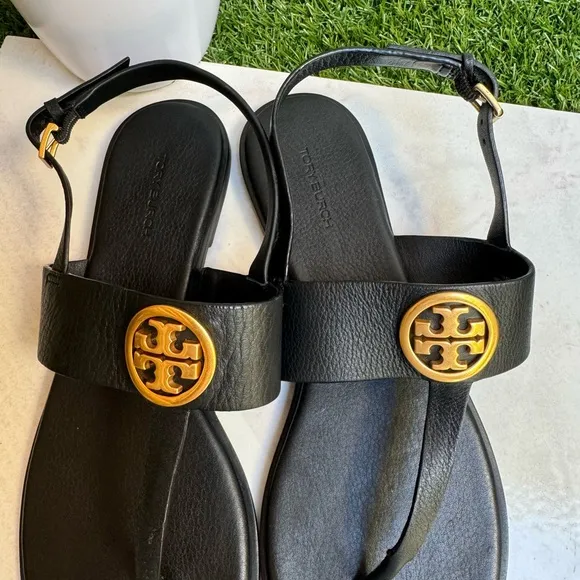 TORY BURCH BENTON 2 FLAT THONGSANDAL black Calf Leather Sz 9.5 women Gold Logo