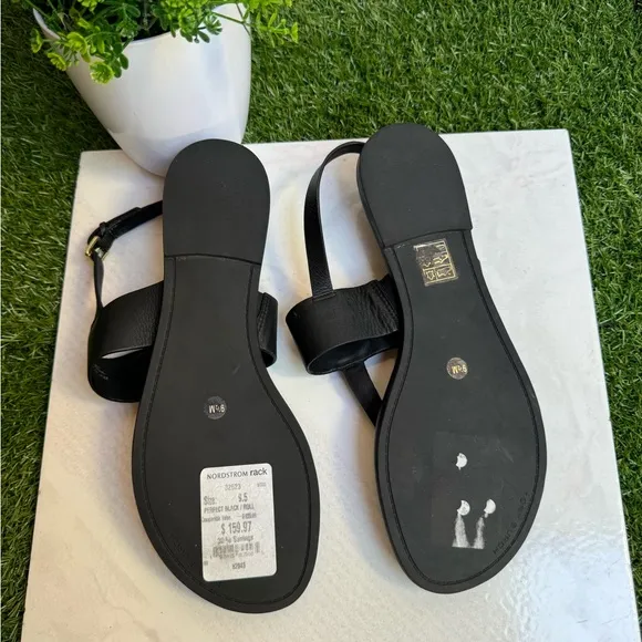 TORY BURCH BENTON 2 FLAT THONGSANDAL black Calf Leather Sz 9.5 women Gold Logo