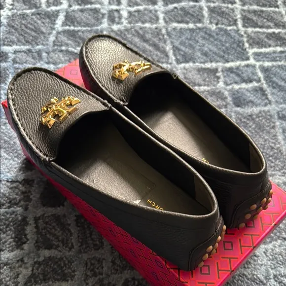Tory Burch Black Leather Loafers with Gold Logo