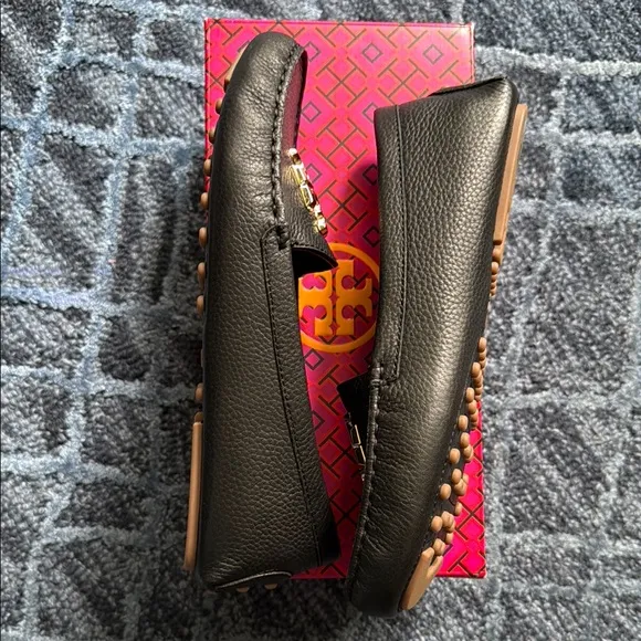 Tory Burch Black Leather Loafers with Gold Logo