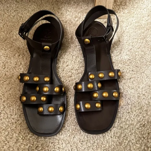 Tory Burch Blythe Dark Brown Leather Flat Studded Gladiator Sandals Size…