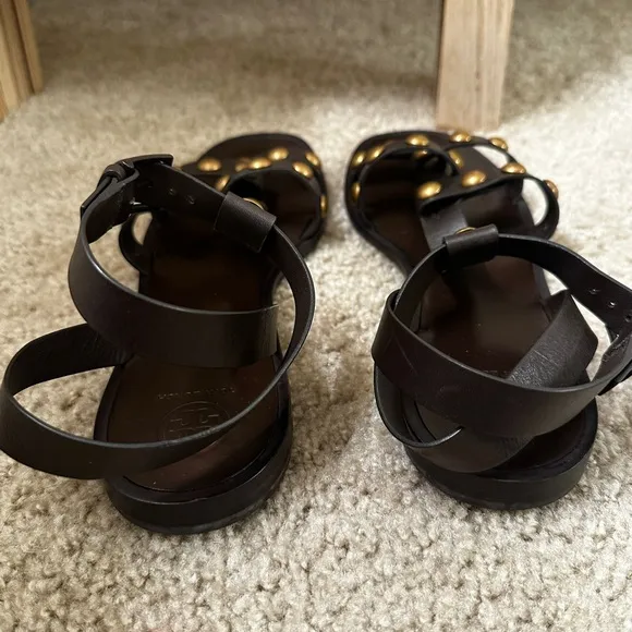 Tory Burch Blythe Dark Brown Leather Flat Studded Gladiator Sandals Size…