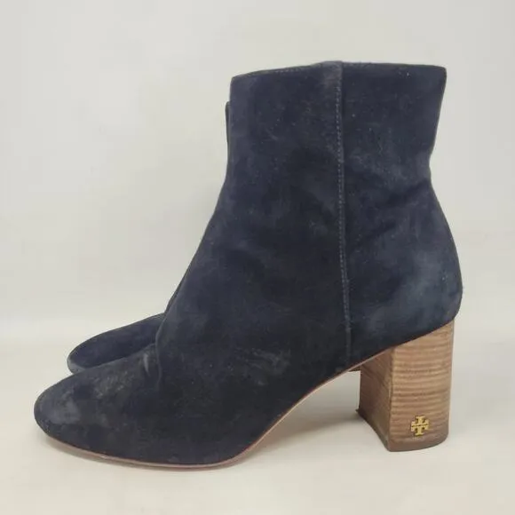 Tory Burch Boots 7M Black Suede Brooke Booties Minimalist Classic Logo Zip