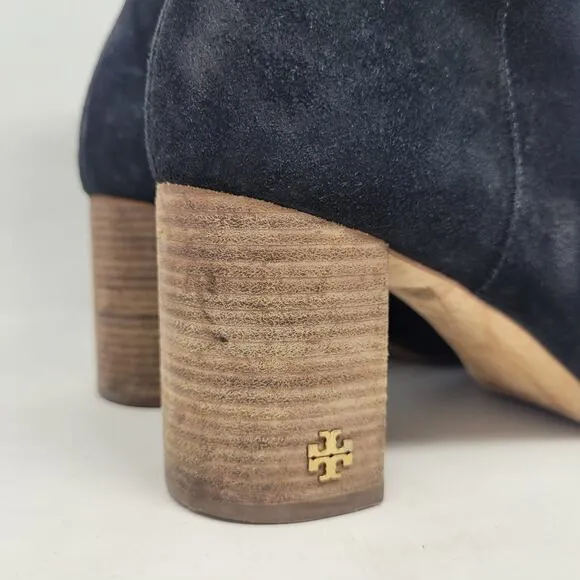 Tory Burch Boots 7M Black Suede Brooke Booties Minimalist Classic Logo Zip