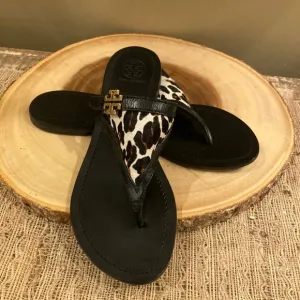 Tory Burch Calf Hair Leather Black Thong Logo Flat Leather Slide Sandals Sz-7.5