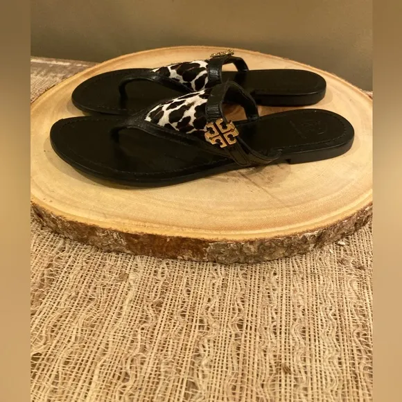 Tory Burch Calf Hair Leather Black Thong Logo Flat Leather Slide Sandals Sz-7.5