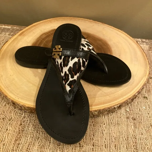 Tory Burch Calf Hair Leather Black Thong Logo Flat Leather Slide Sandals Sz-7.5