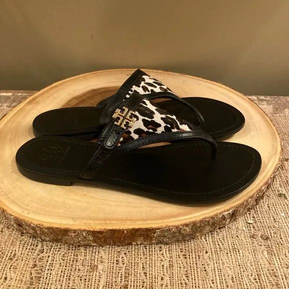 Tory Burch Calf Hair Leather Black Thong Logo Flat Leather Slide Sandals Sz-7.5