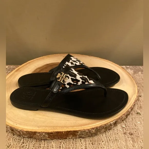 Tory Burch Calf Hair Leather Black Thong Logo Flat Leather Slide Sandals Sz-7.5