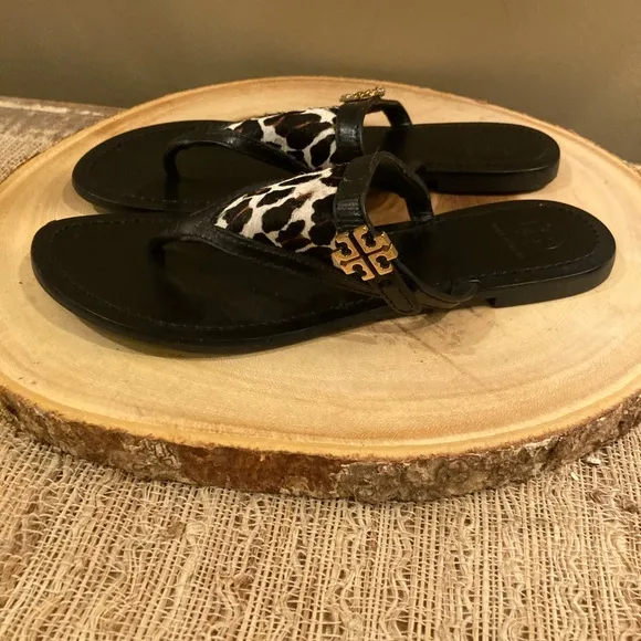 Tory Burch Calf Hair Leather Black Thong Logo Flat Leather Slide Sandals Sz-7.5