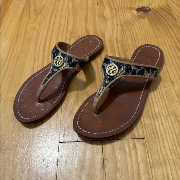 Tory Burch Cameron Thong Wedge Sandals Snakeskin-Embossed Women's Size US 5.5M