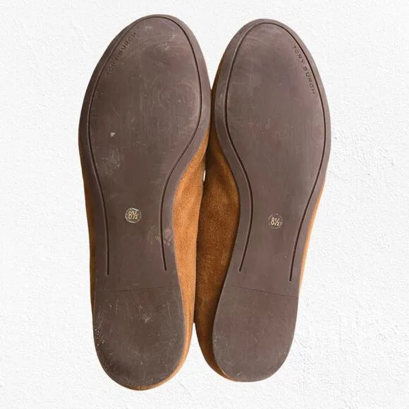Tory Burch Cognac Tan Brown Suede Ruby Smoking Slippers Flat Loafers Size 8.5