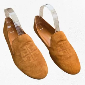 Tory Burch Cognac Tan Brown Suede Ruby Smoking Slippers Flat Loafers Size 8.5