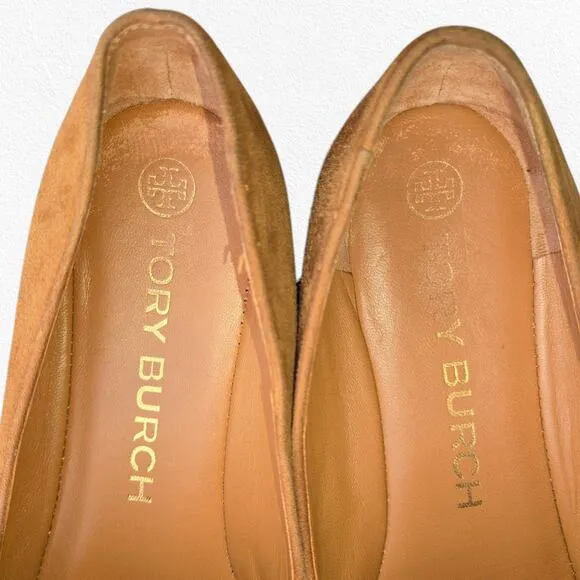 Tory Burch Cognac Tan Brown Suede Ruby Smoking Slippers Flat Loafers Size 8.5