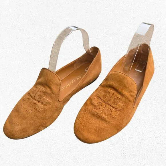 Tory Burch Cognac Tan Brown Suede Ruby Smoking Slippers Flat Loafers Size 8.5