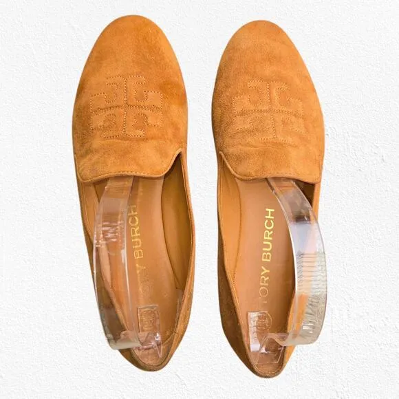Tory Burch Cognac Tan Brown Suede Ruby Smoking Slippers Flat Loafers Size 8.5