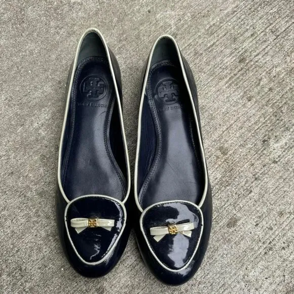 Tory Burch Dakota Flats‎ Women's Size 6 Patent Leather Blue Bow Ballet Loafer