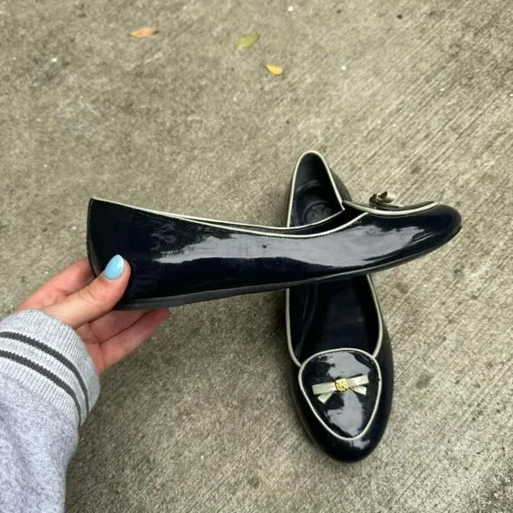 Tory Burch Dakota Flats‎ Women's Size 6 Patent Leather Blue Bow Ballet Loafer